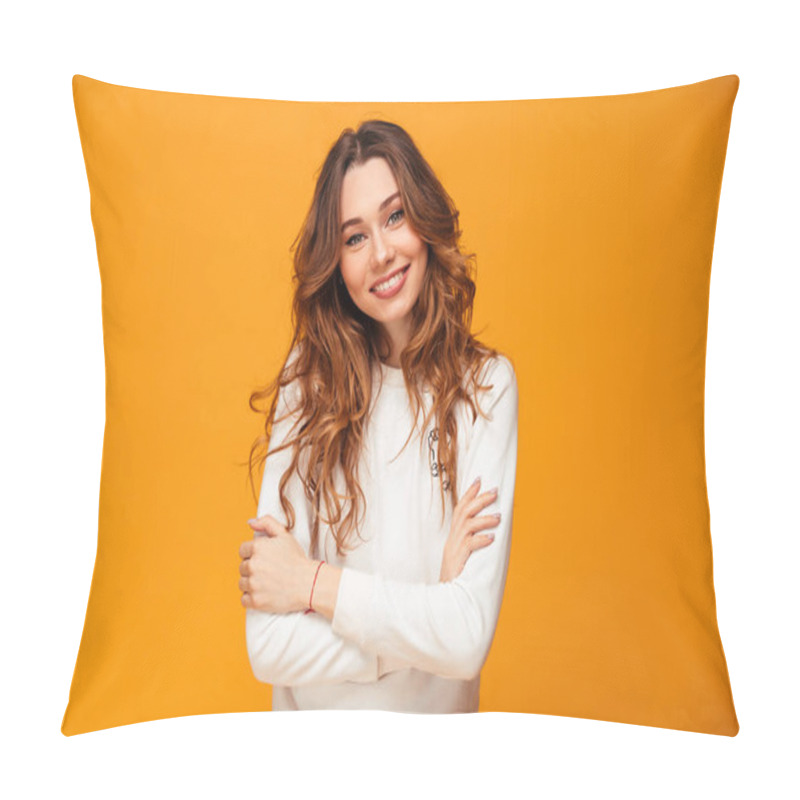 Personality  Smiling Brunette Woman In Sweater Posing With Crossed Arms Pillow Covers