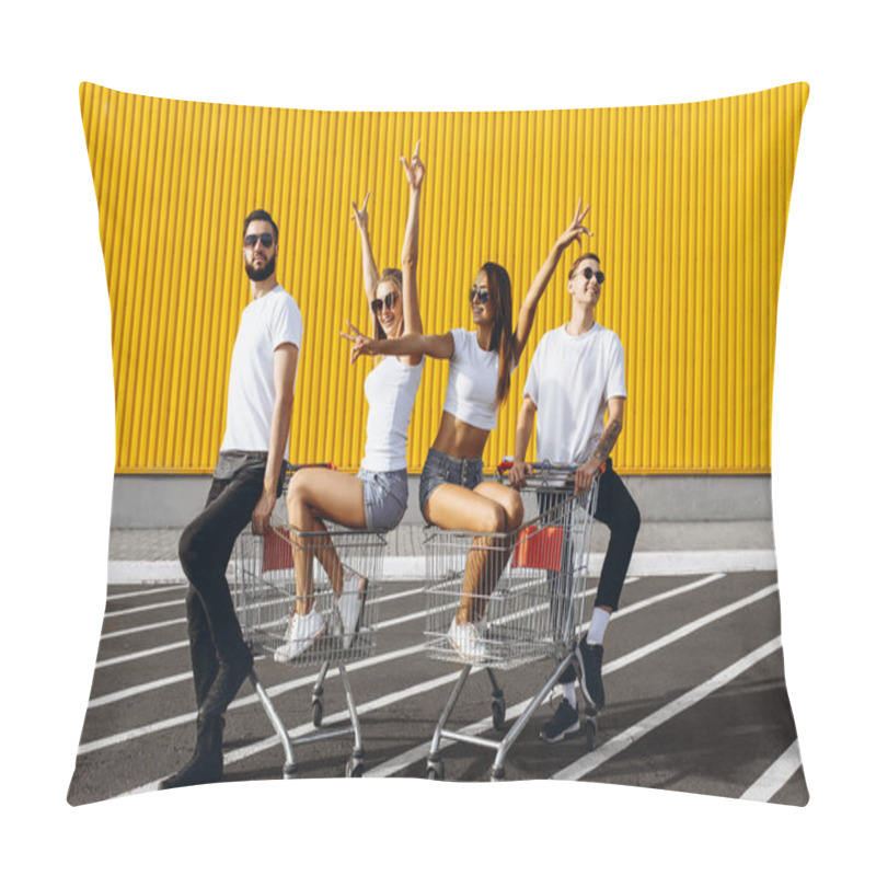 Personality  A Group Of Happy Young People, Having Fun On Shopping Carts, Rid Pillow Covers