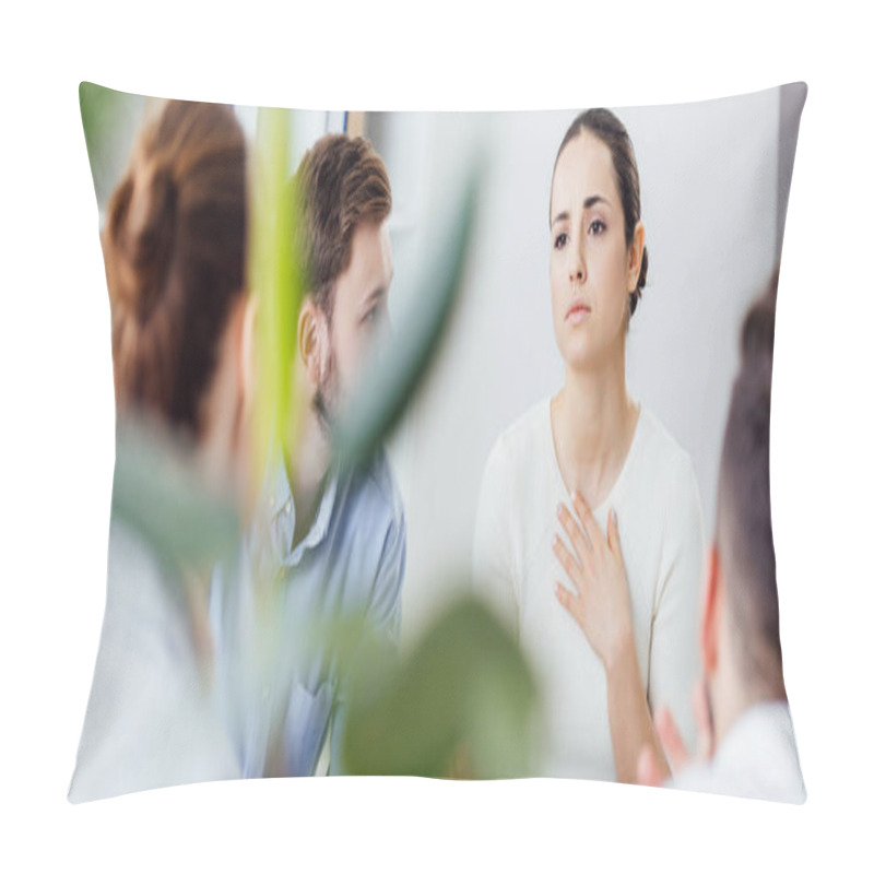 Personality  Panoramic Shot Of Woman Gesturing During Group Therapy Meeting Pillow Covers