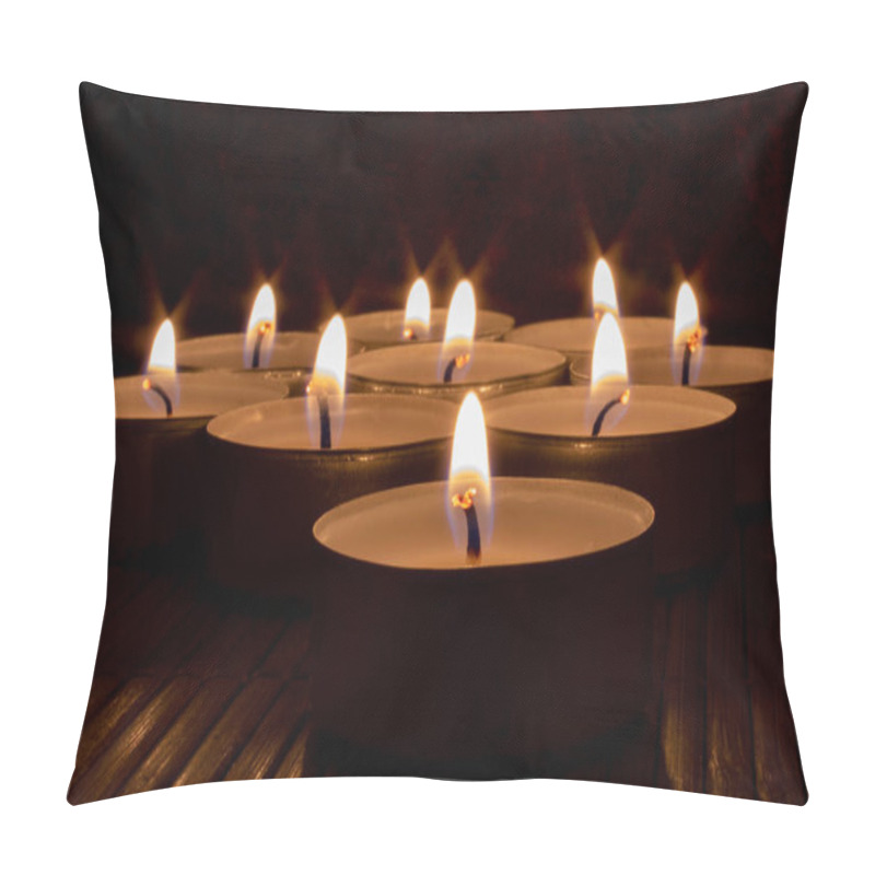 Personality  Close-up Of Illuminated Candles On Wooden Table. Concept For Condolence, Hope, Romance Pillow Covers