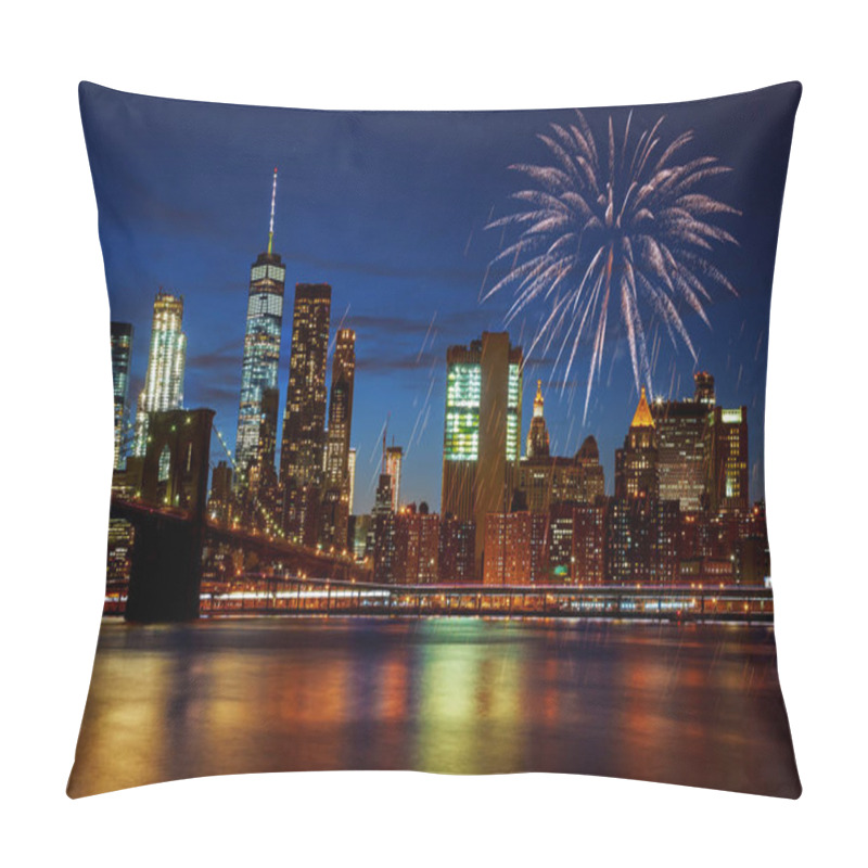 Personality  New York City's Brooklyn Bridge And Manhattan Skyline Illuminated Amazing Fireworks In Independence Day Pillow Covers