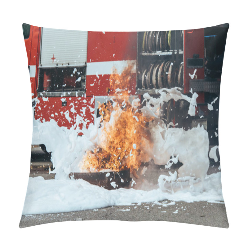 Personality  Close Up View Of Extinguishing Foam, Flame And Fire Truck On Street Pillow Covers