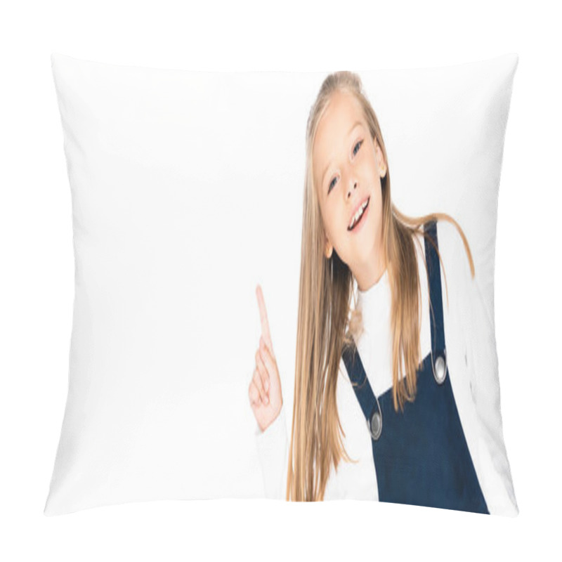 Personality  Panoramic Shot Of Cheerful Schoolgirl Pointing With Finger And Smiling At Camera Isolated On White Pillow Covers