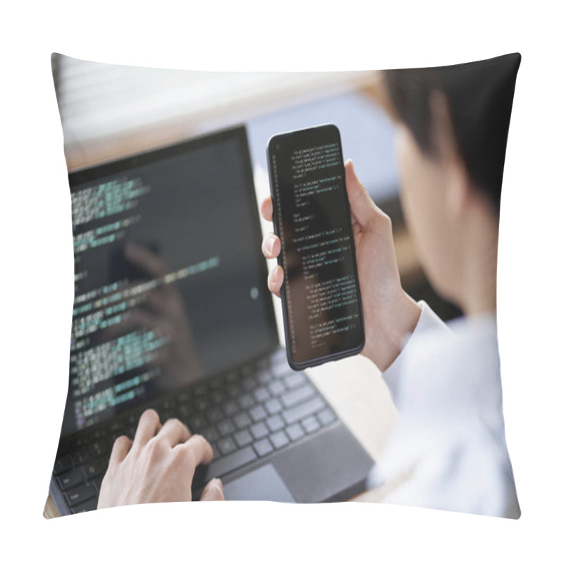 Personality  Asian Programmer Checking The Operation Of The Code Pillow Covers