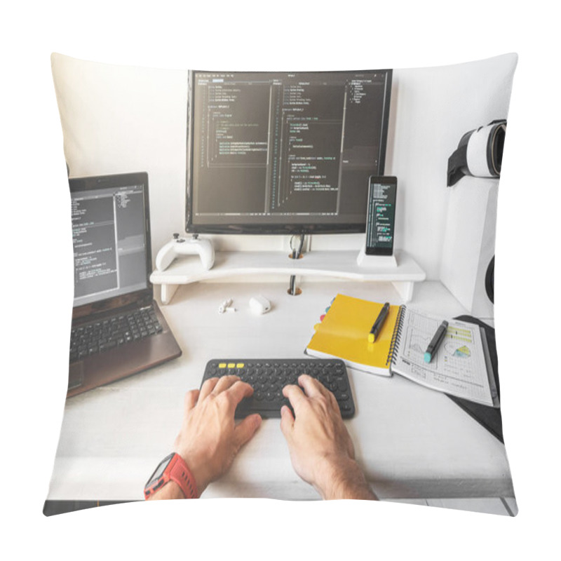 Personality  Close-up Of Male Hands On The Laptop At Modern Developer Workplace For Writing Code. Pillow Covers