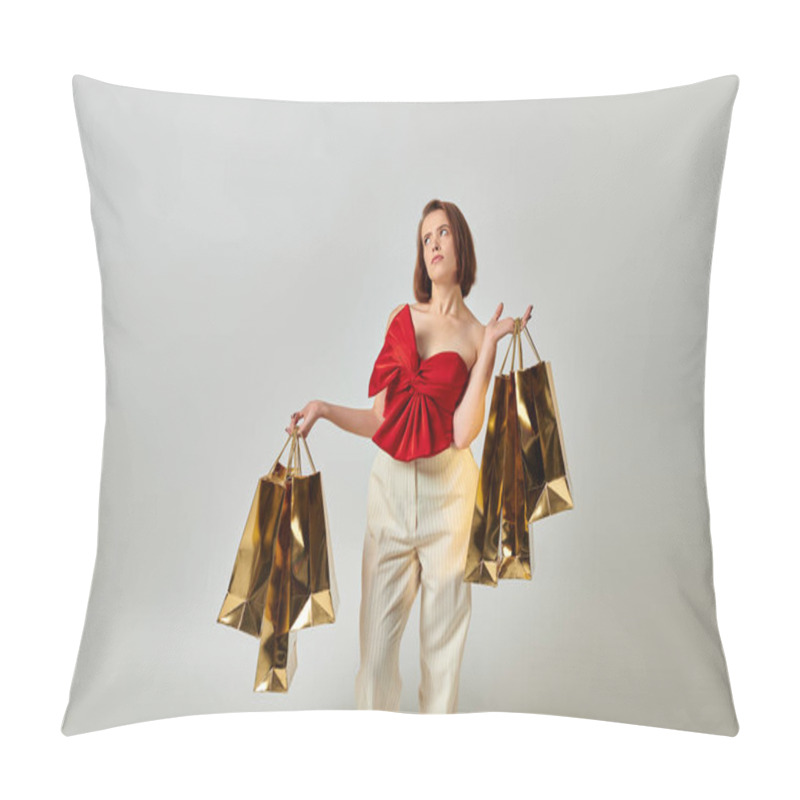 Personality  Holiday Shopping, Pensive Woman In Stylish Attire Holding Shopping Bags On Grey Background Pillow Covers