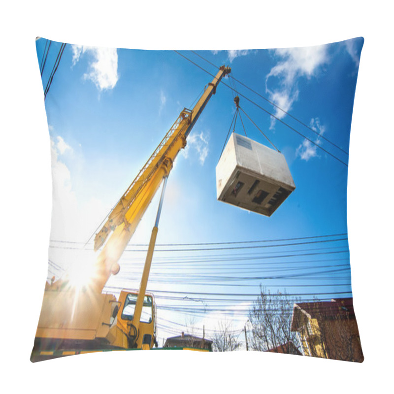 Personality  Mobile Crane Operating By Lifting And Moving An Heavy Electric Generator Pillow Covers