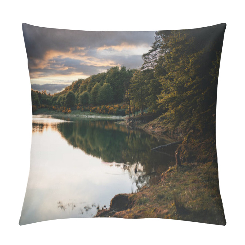 Personality  Scenic View Of Mountain Lake Under Cloudy Sky  Pillow Covers