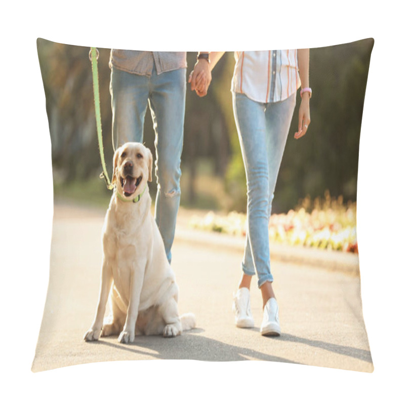 Personality  Owners Walking Their Yellow Labrador Retriever Outdoors Pillow Covers