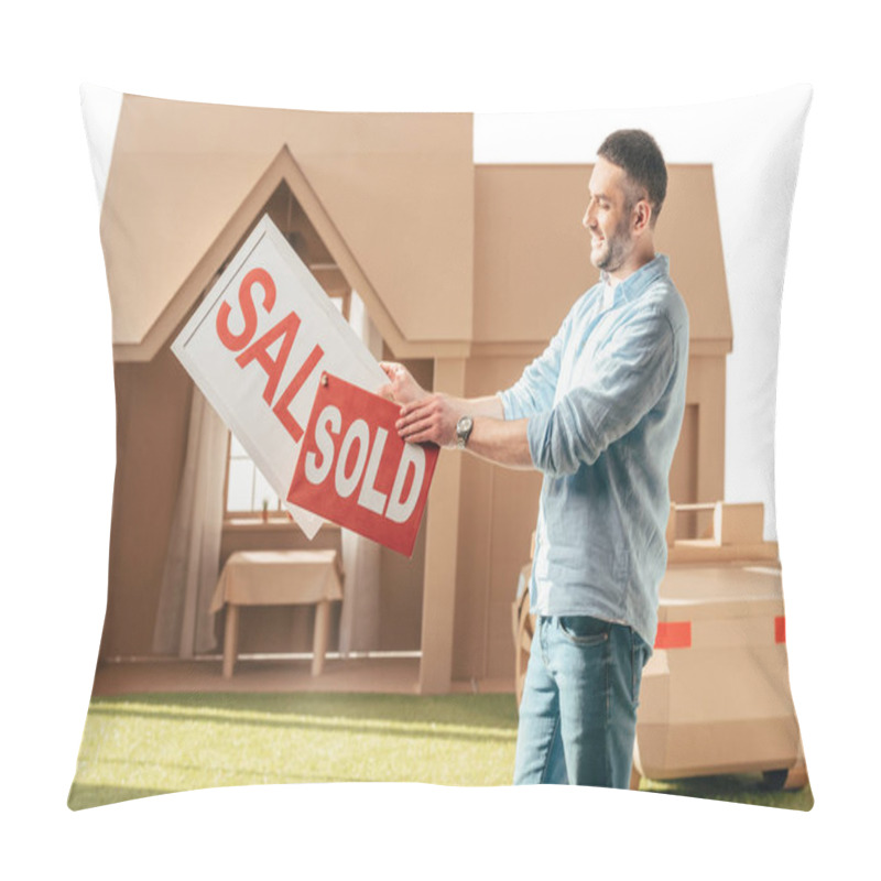 Personality  Man Holding Sale And Sold Signboards In Front Of Cardboard House Isolated On White Pillow Covers