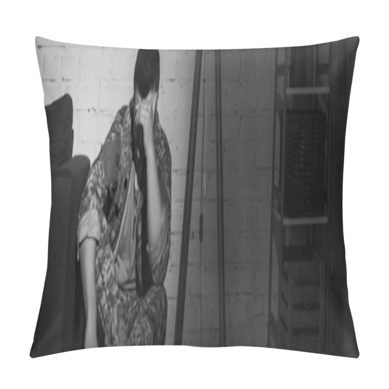 Personality  Black And White Photo Of Military Veteran Suffering From Emotional Distress At Home, Banner  Pillow Covers