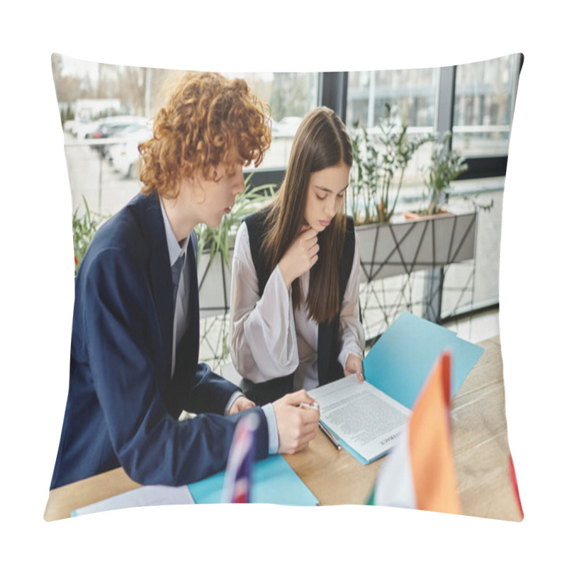 Personality  Two Teenagers Are Focused On A Document At A Model UN Conference. Pillow Covers