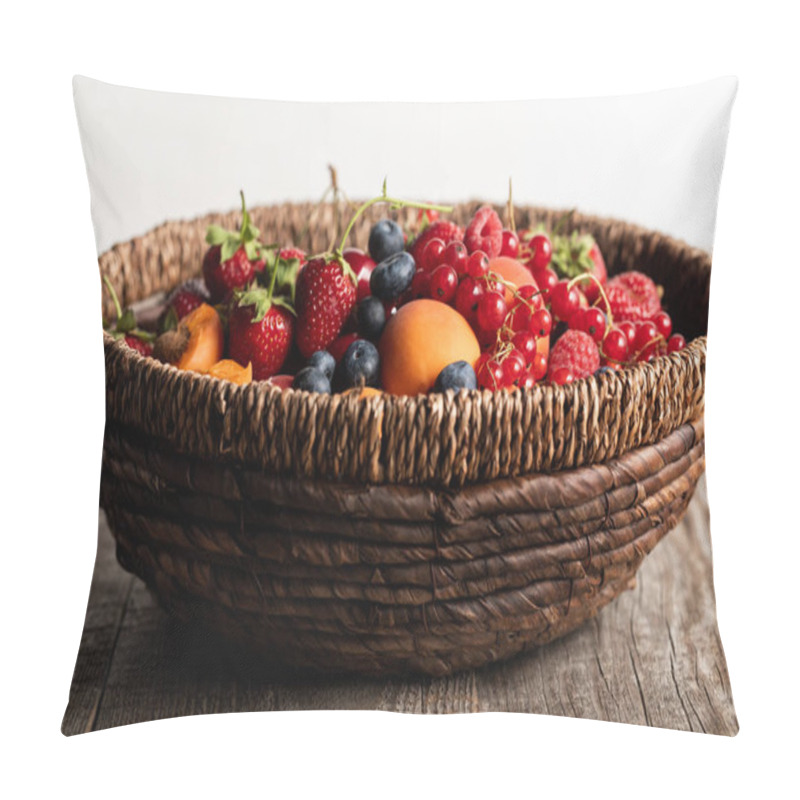 Personality  Wicker Basket Full Of Seasonal Berries On Wooden Table Isolated On White Pillow Covers