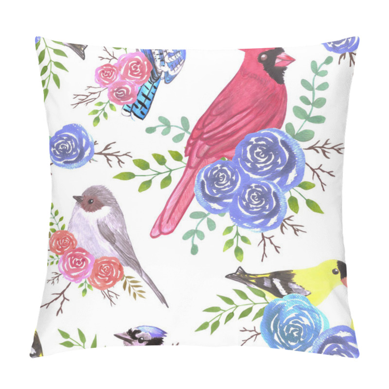 Personality  Cardinals, Bushtits, Blue Jays And Goldfinches On Rose Blossoms Pillow Covers