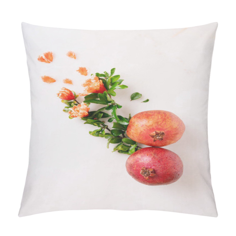 Personality  Pomegranate Fruits Decorated With Pomegranate Flowering Branches And Petals Over White Marble Background. Top View Pillow Covers