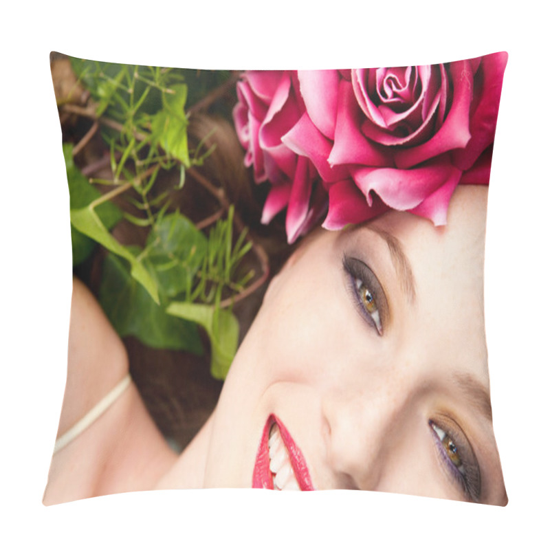 Personality  Woman Laying In A Forest Wearing A Red Roses Head Dress Pillow Covers