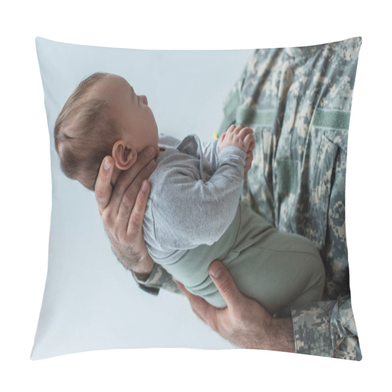 Personality  Soldier In Uniform Holding In Arms Newborn Son Isolated On Grey  Pillow Covers