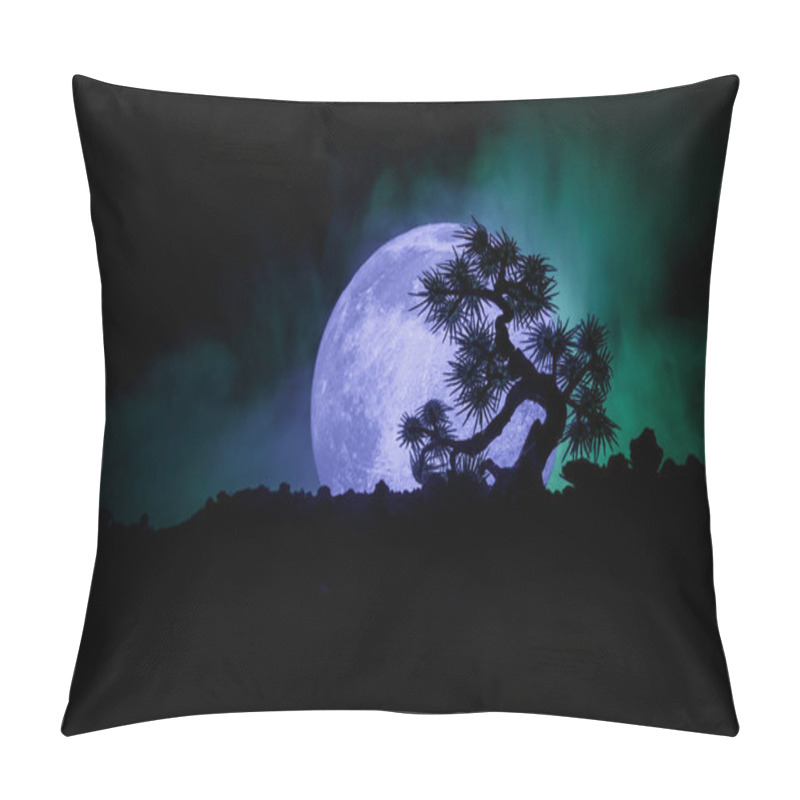 Personality  Silhouette Tree On Full Moon Background. Full Moon Rising Above Japanese Style Tree Against Toned Foggy Sky. Pillow Covers