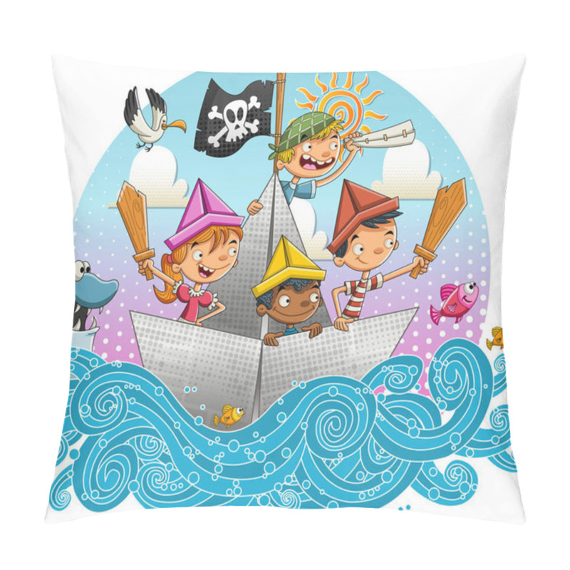 Personality  Group Of Cartoon Pirate Kids Sailing On Paper Boat. Pillow Covers