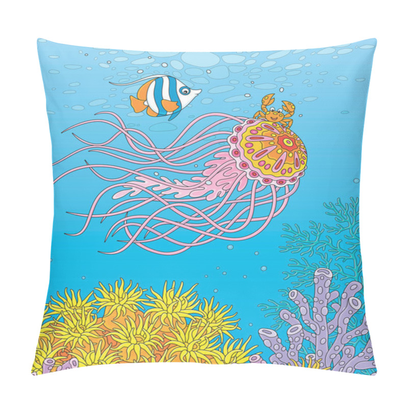 Personality  Fancy Jellyfish With Long Stinging Tentacles, A Funny Small Crab And A Striped Butterfly Fish Traveling Around A Colorful Coral Reef In A Tropical Sea, Vector Cartoon Illustration Pillow Covers