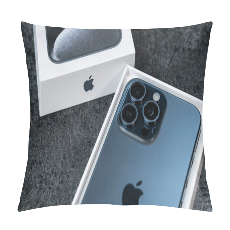 Personality  Jurmala, Latvia - 30 11 2023: Close-up Box And New Smarphone Apple IPhone 15 Pro Max In Blue Titanium Color On Grey Table. Focus On Camera. High Quality Photo Pillow Covers