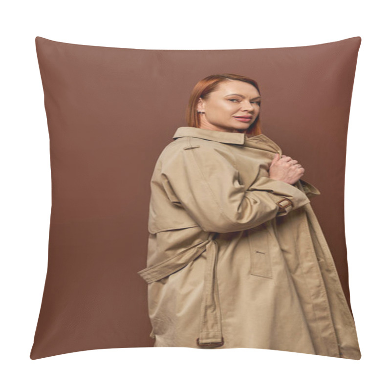 Personality  Redhead Woman In Beige Trench Coat Looking At Camera On Brown Backdrop, Fall Season Fashion Pillow Covers