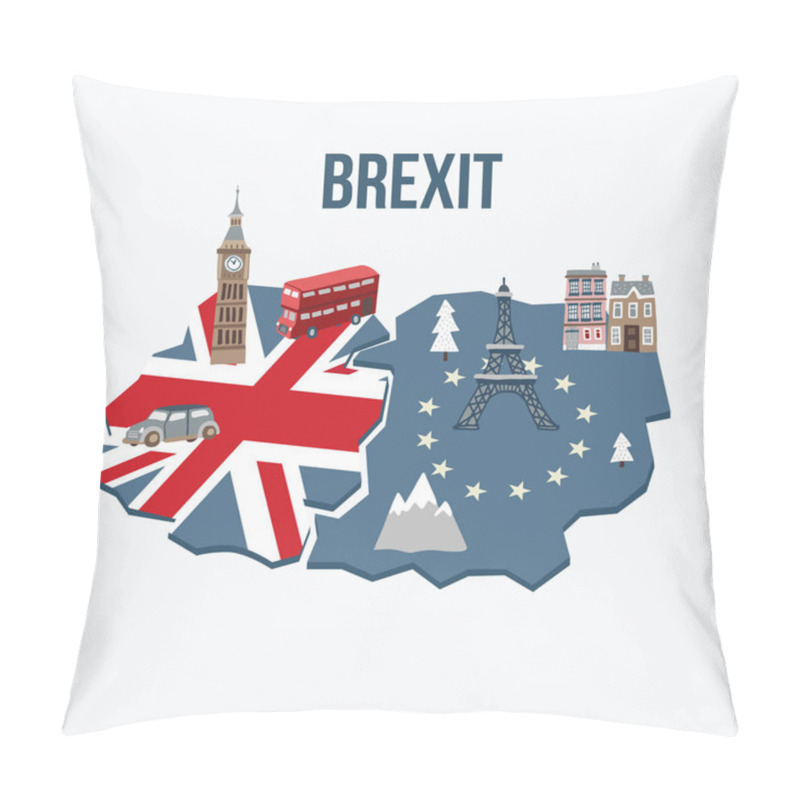 Personality  Brexit Concept. Flags Of The United Kingdom And The European Union On Cracked Map Background. Possible Exit Of Great Britain From The EU. Symbols Of London And Continental Europe. Vector Illustration. Pillow Covers