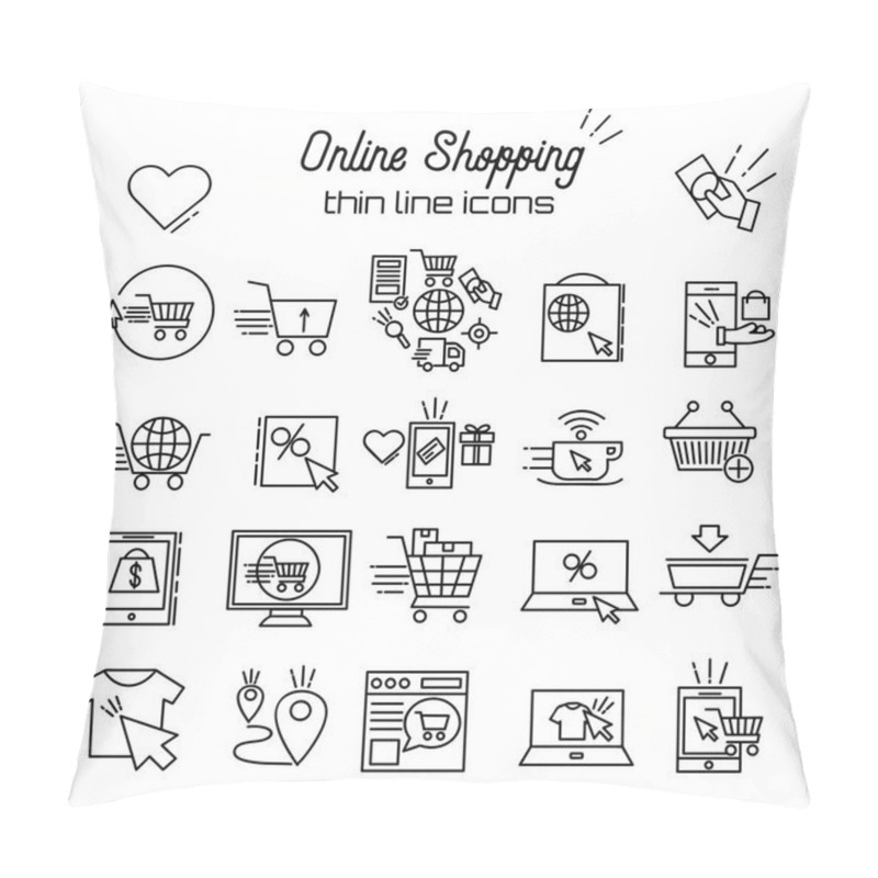 Personality  Online Shopping Vector Line Icons. E-commerce Pictogram Symbol Outline Thin Icon Discount, Shopping Cart, Shop, Sale, Online Store, Payment, Bags, Mobile Shop, Wish List Pillow Covers