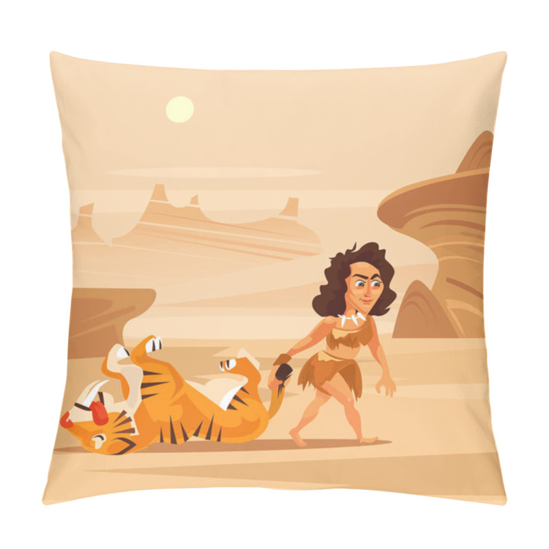 Personality  Ancient Woman Character Hunter Dragging Prey. Vector Flat Cartoon Illustration Pillow Covers