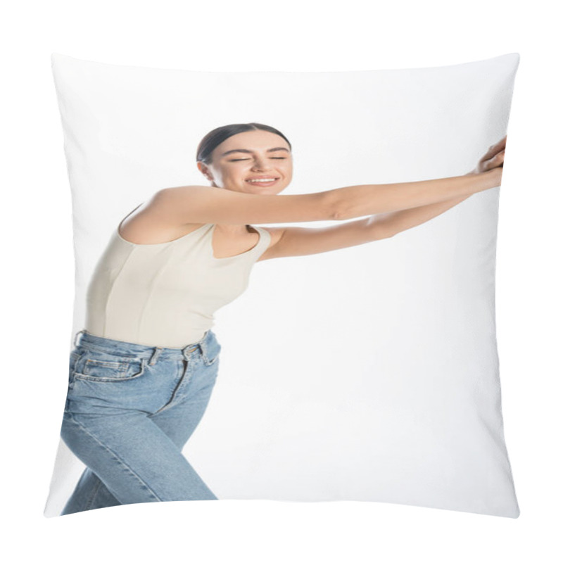 Personality  Lovely And Young Woman With Natural Makeup, Brunette Hair And Perfect Skin Smiling While Posing With Closed Eyes And Outstretched Hands On White Background  Pillow Covers