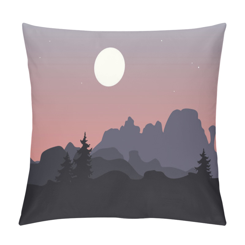 Personality  Mountain Landscape With Single Trees Under A Purple Night Or Evening Sky With Rising Moon. Vector Pillow Covers