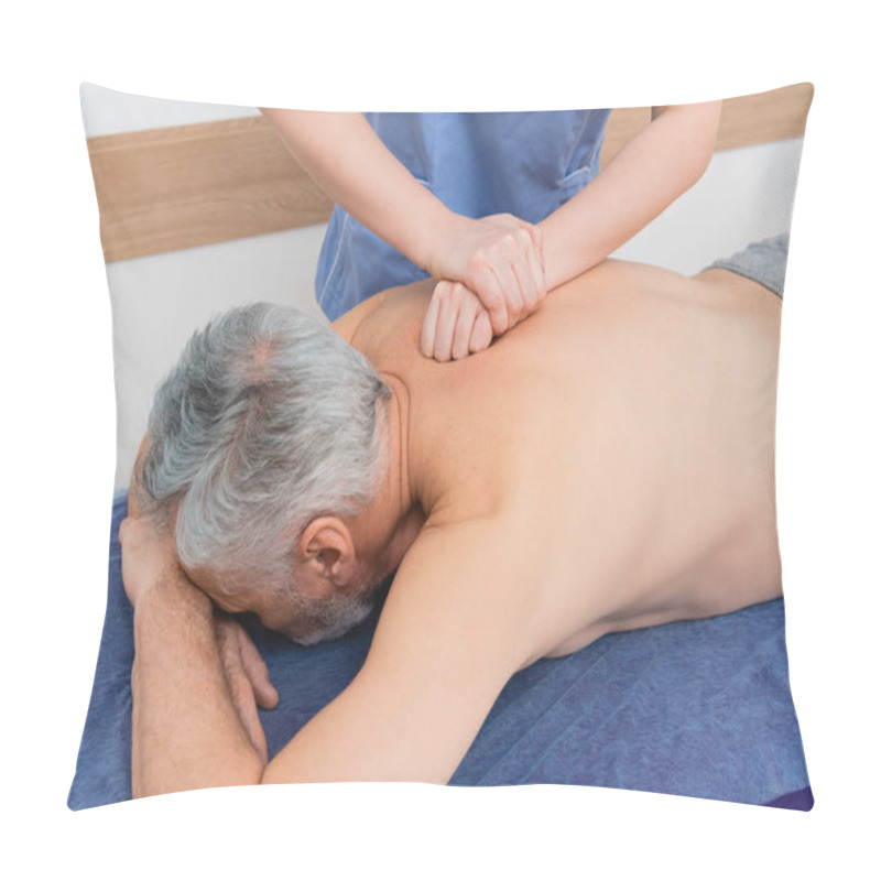 Personality  Mature Man Lying On Massage Table During Massotherapy In Rehabilitation Center Pillow Covers