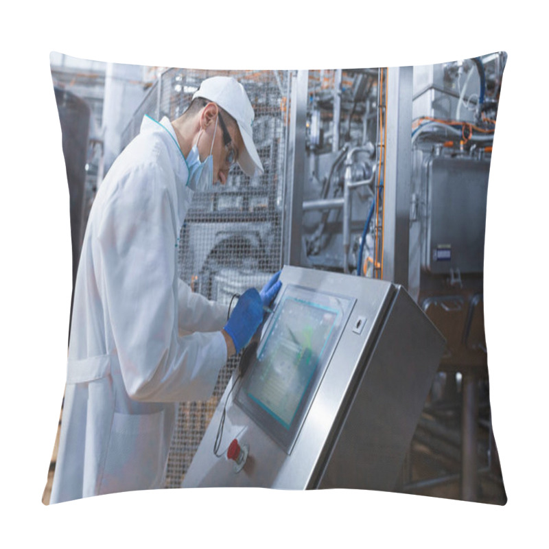 Personality  Man In The Mask And The Robe Works With The Monitor To The Factory Of Dairy Products Pillow Covers