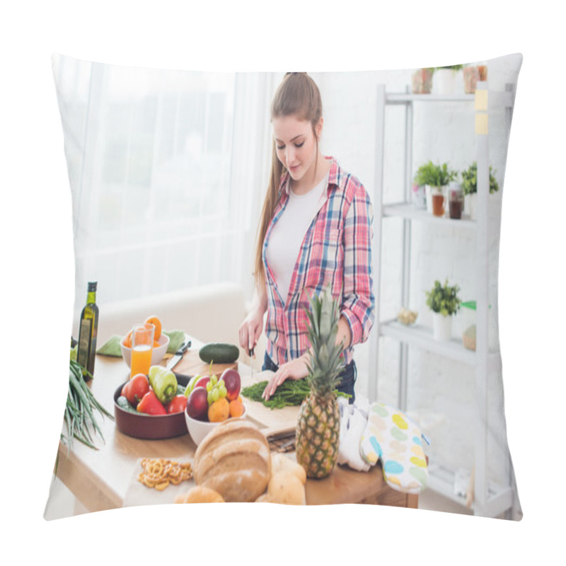 Personality  Woman Preparing Dinner In A Kitchen Concept Cooking, Culinary, Healthy Lifestyle. Pillow Covers