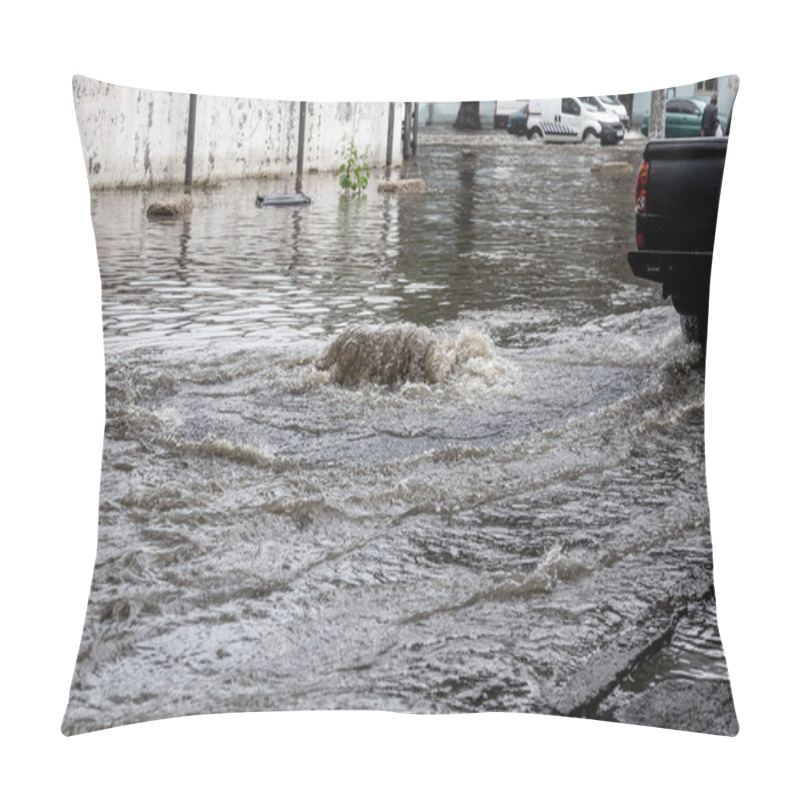 Personality  Flooding After Heavy Rains In City. Sewage Broke Open Asphalt And Blew Up Fountain. Dirty Sewage Broke Through Storm Sewer And Spilled Onto Streets Of City After Rain. Danger Of Epidemic And Infection Pillow Covers