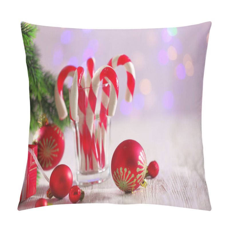 Personality  Christmas Candy Canes In Glass On Table On Light Background Pillow Covers