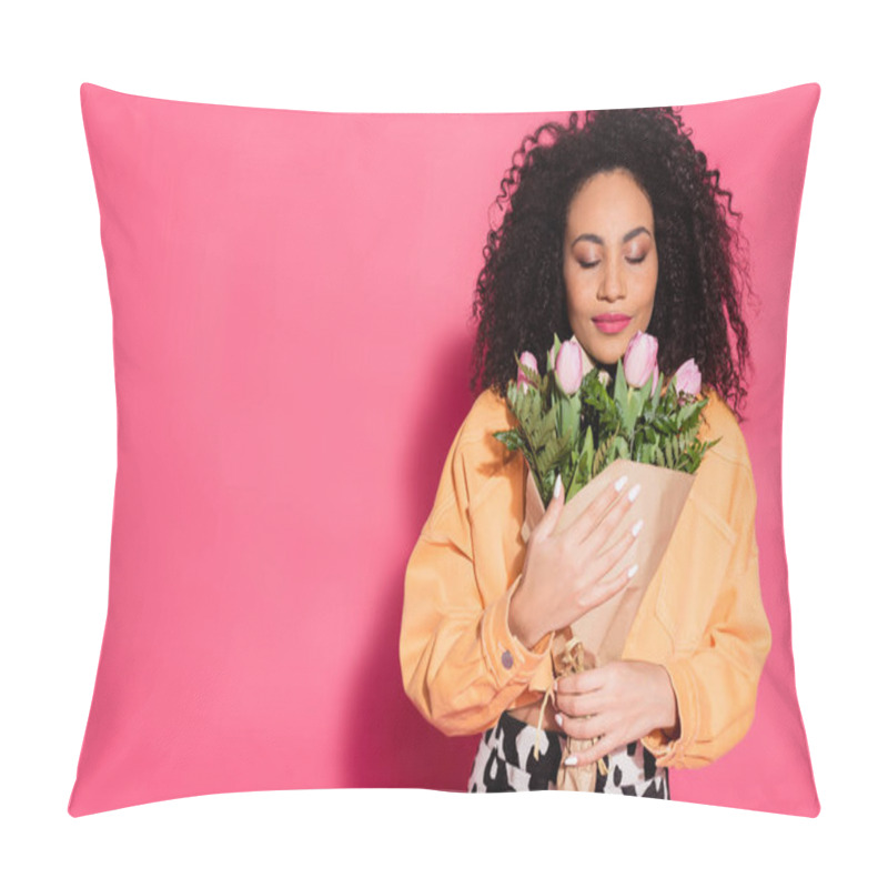 Personality  African American Woman With Closed Eyes Smelling Flowers On Pink Pillow Covers