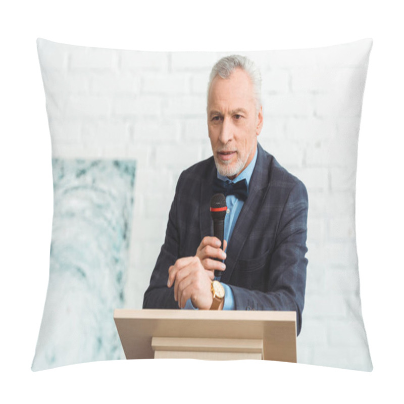 Personality  Handsome Auctioneer In Suit Talking With Microphone During Auction Pillow Covers