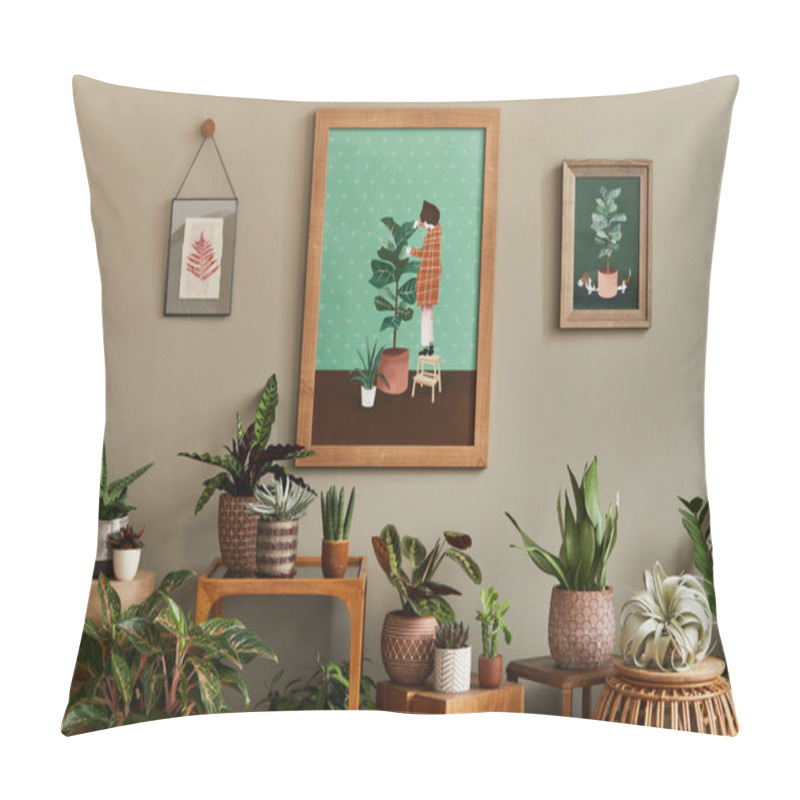 Personality  Stylish Botany Composition Of Home Garden Interior With Wooden Mock Up Poster Frame, Filled A Lot Of Beautiful House Plants, Cacti, Succulents In Different Design Pots And Floral Accessories. Template Pillow Covers