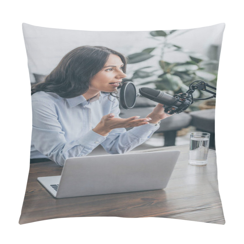 Personality  Attractive Radio Host Speaking In Microphone While Sitting At Wooden Desk Near Laptop  Pillow Covers