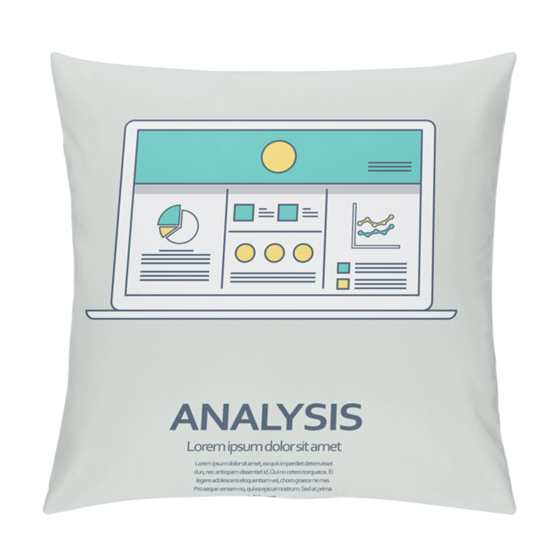 Personality  Business Analysis Background With Laptop And Line Art Icons Responsive Design. Presentation Graphs, Charts On Screen. Pillow Covers