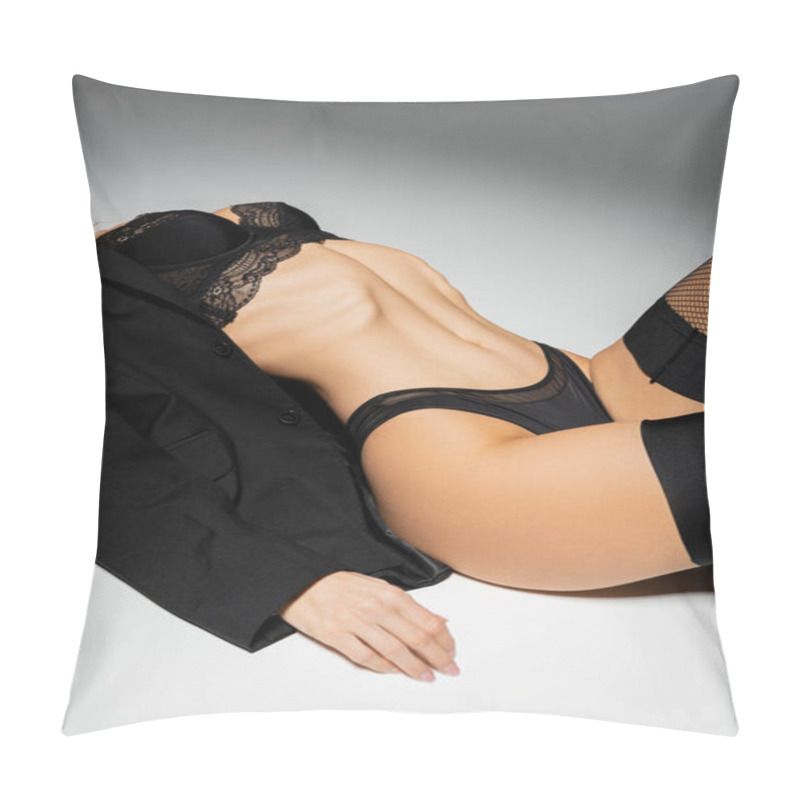 Personality  Cropped View Of Passionate Woman With Toned Body Posing In Panties, Lace Bra, Stockings And Black Blazer On Grey Background, Sensuality And Fashion, Erotic Photography Pillow Covers