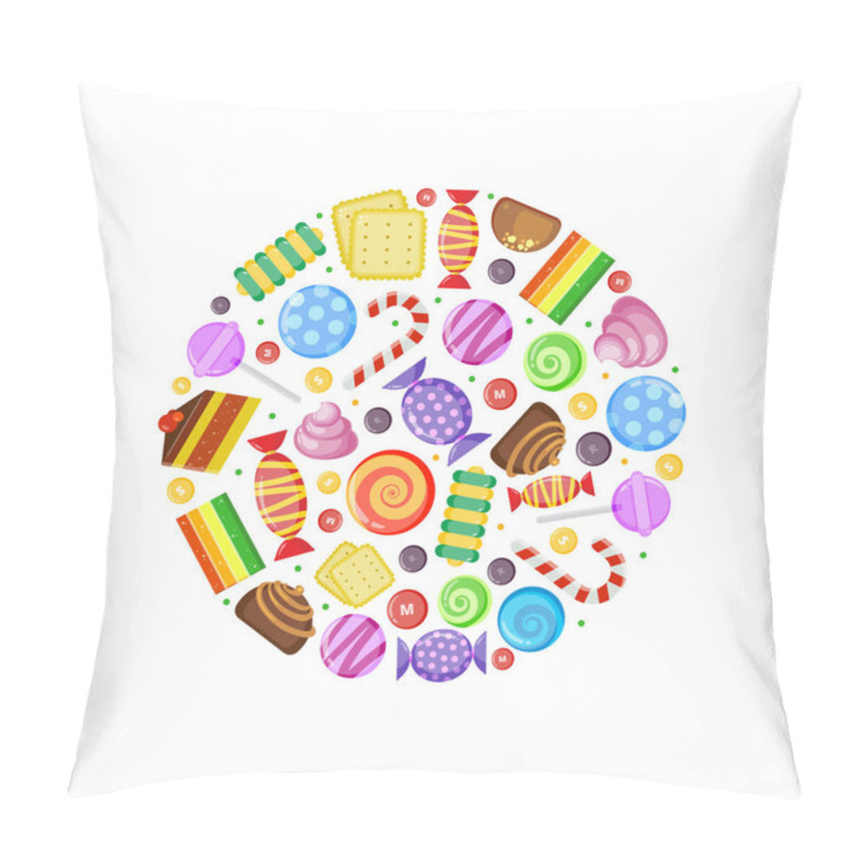 Personality  Colored Candies. Chocolate Caramel Cakes Fruit Biscuits And Other Various Sweets In Circle Shape Pillow Covers