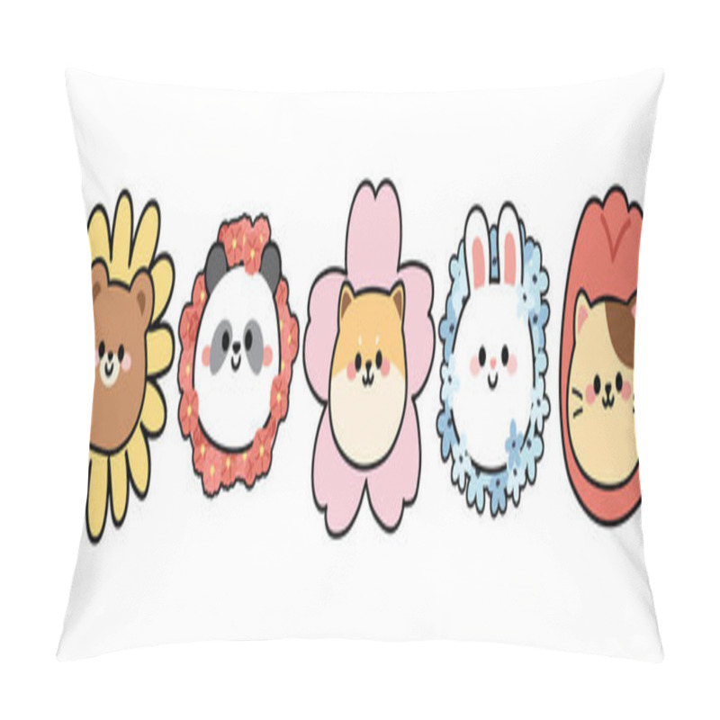 Personality  Set Of Cute Animal With Flower Head Costume.Funny Animal Character Design Collection.Summer.Nature.Kawaii.Vector.Illustration. Pillow Covers