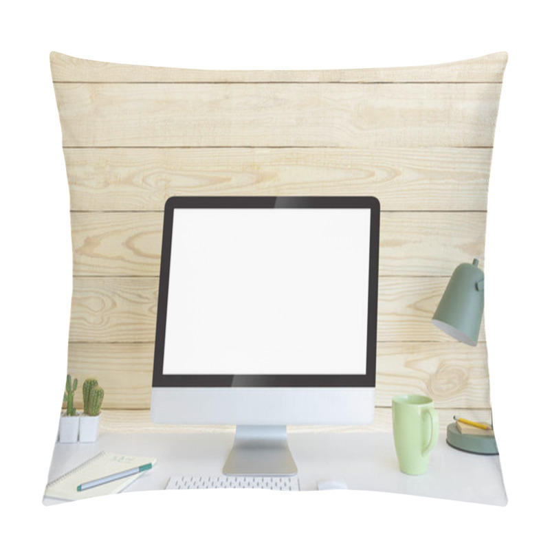 Personality  Computer With Blank White Copy Space For Text And Wood Background, Mockup Design Desktop Computer In Office On White Table With Keyboard And Coffee Cub, Work Place Concept, Cactus In Pot. Pillow Covers