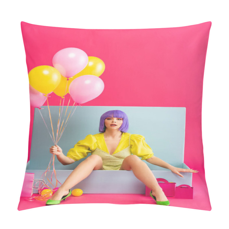 Personality  Emotional Girl In Purple Wig As Doll Holding Balloons And Sitting In Blue Box With Balls And Shopping Bags, On Pink Pillow Covers