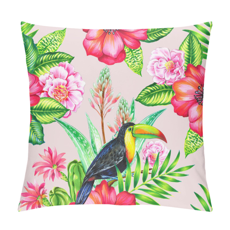 Personality  Toucan And Cammelias, Tropical Seamless Patern. Pillow Covers