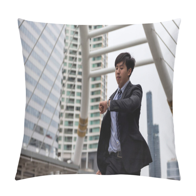 Personality  Anxious Asian Businessman Run And Look At Watch To Check Time On City Walk In Rush Hour. Young Man Late For Train Transportation, Work, Meeting. Office Life And Business Competition. Pillow Covers