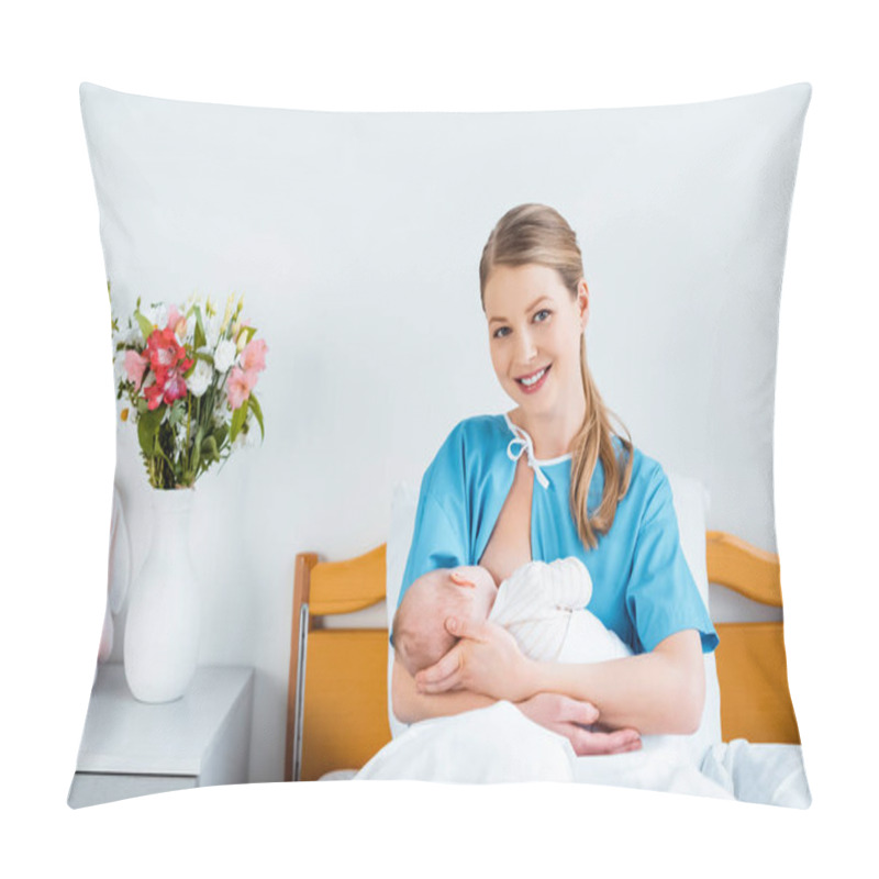 Personality  Happy Young Mother Sitting In Bed And Smiling At Camera While Breastfeeding Newborn Baby  Pillow Covers