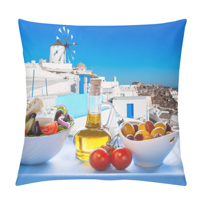 Personality  Greek Salad Against Windmill In Oia Village, Santorini Island In Greece Pillow Covers